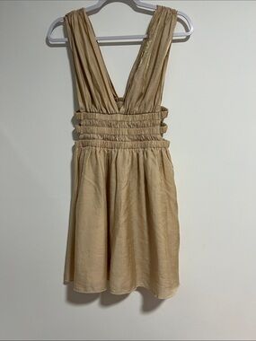 Sleeveless Smocked-Waist Mini Dress in Champagne